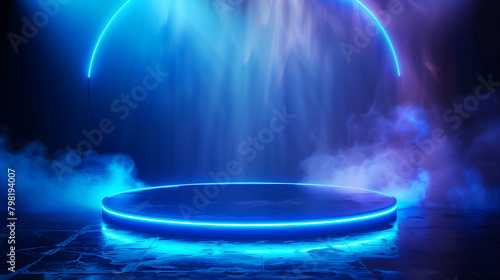 Abstract blue background with glowing neon light and empty space for product presentation