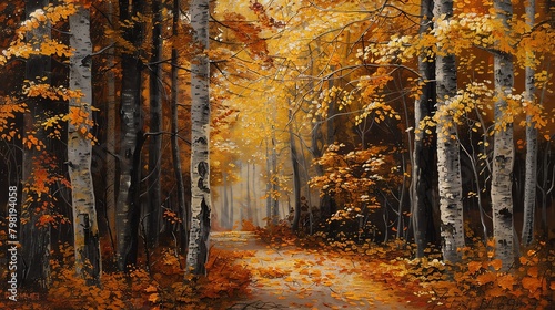 Captivating autumn scene in a dense forestgolden leaves cascading softly to the forest floorcreating a carpet of vibrant yellows and oranges.