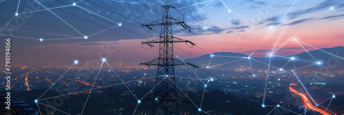 A smart grid infrastructure with IoT sensors managing energy distribution and optimizing power usage.