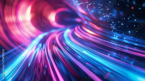 Abstract futuristic background featuring pink and blue neon wave lines moving at high speed, with bokeh lights, symbolizing data transfer