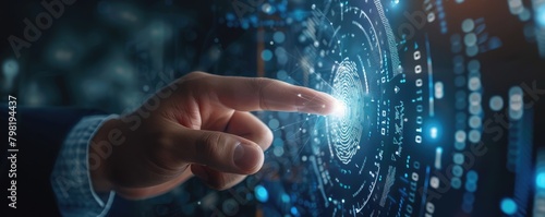 A close-up image of a hand interacting with futuristic holographic fingerprint technology in a dark environment Highlights the concept of biometric authentication.