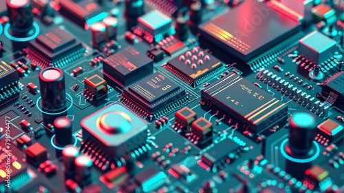 Educational poster of a nanoelectronic circuitdesigned to illustrate the miniaturization of electronic components in modern devicesusing color coding to differentiate between different circuit element photo