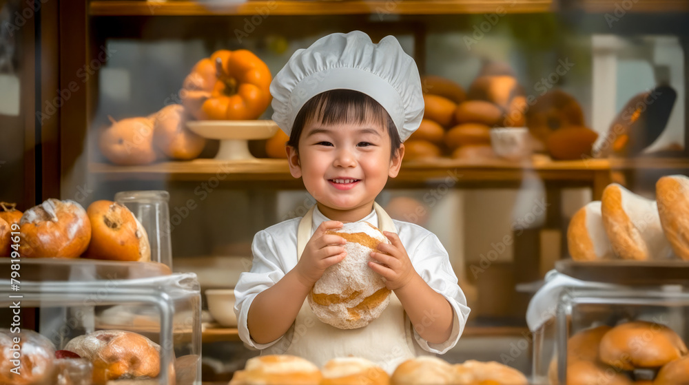 Little boy in chef's hat holding doughnut in front of display of doughnuts. Little boy in chef's hat holding doughnut in front of display of doughnuts.