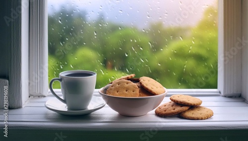 a hot cup of tea or coffee on the windowsill, it’s raining outside.  © Kseniia