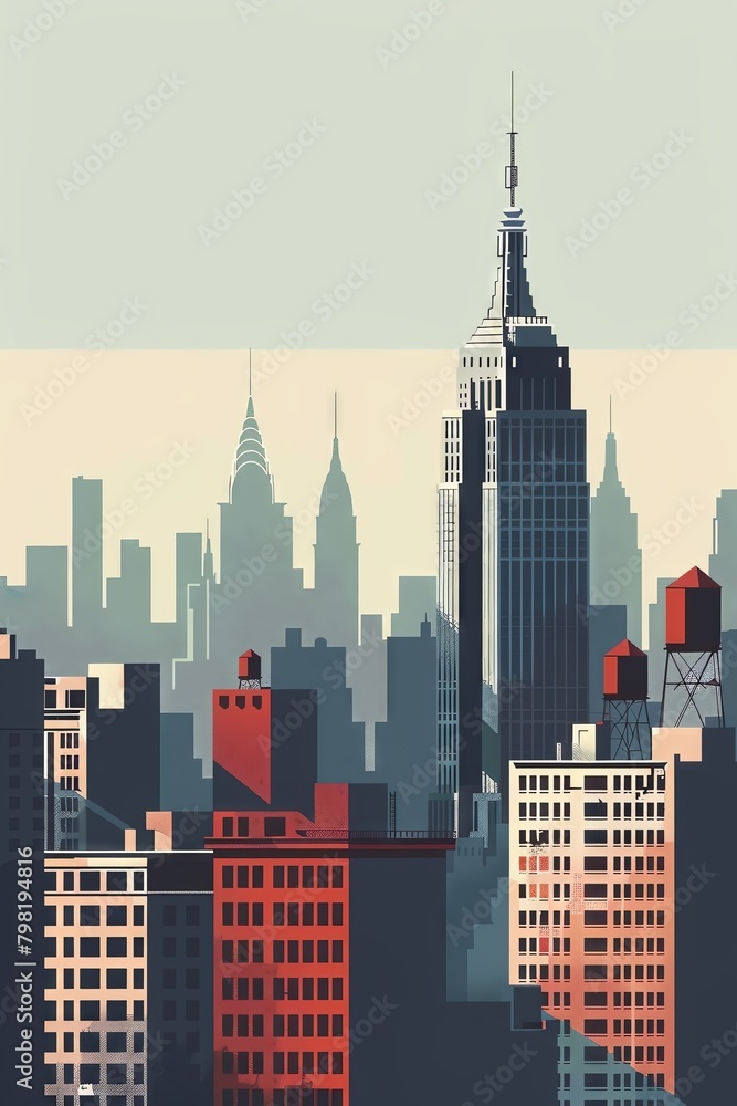 Minimalist New York cityscape, beautifully rendered with simple geometric outlines and a muted color scheme, capturing the essence of the city s architecture in a subtle and stylis