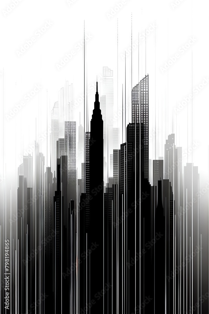 A black and white drawing of a city skyline with skyscrapers made of lines.