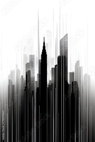 A black and white drawing of a city skyline with skyscrapers made of lines.