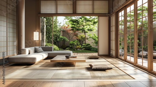 Modern Japandi living space with a focus on uncluttered aestheticsshowcasing a tatami mat area paired with a streamlined Scandinavian sofa and geometric wooden coffee table.