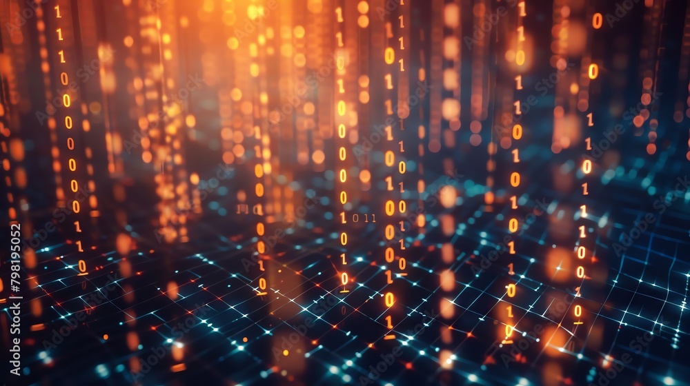 The technology concept, of a digital glowing binary codes make transmission lines, with connect digital data. The technology concept, of a digital glowing binary codes make transmission lines, with connect digital data.