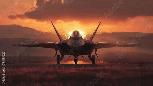 Stunning visual of an F22 Raptor s landingcaptured from a groundlevel perspectivewith the heat haze from the jets engines distorting the beautiful sunset behind it.