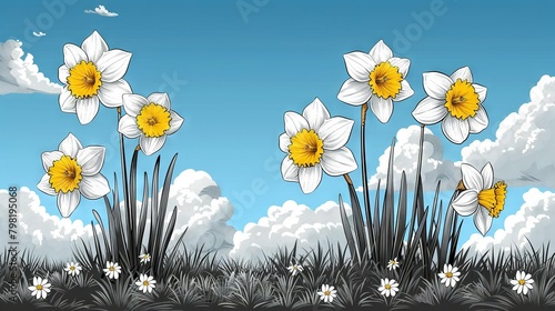   A painting of a field of daffodils with a blue sky in the backdrop and clouds upfront photo