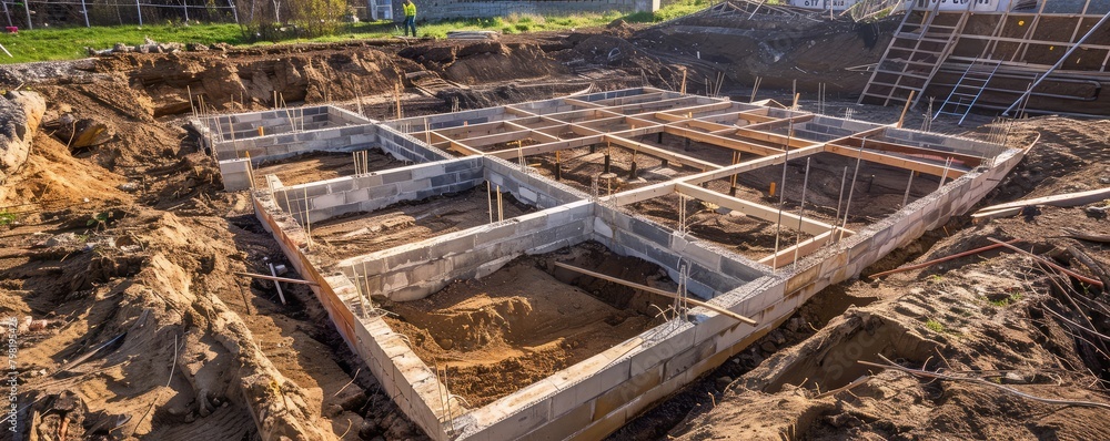 Building foundation construction at a construction site.