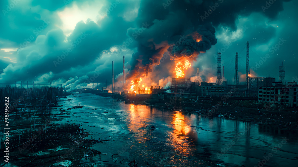 Fototapeta premium Large factory with lot of smoke coming out of it's stacks.