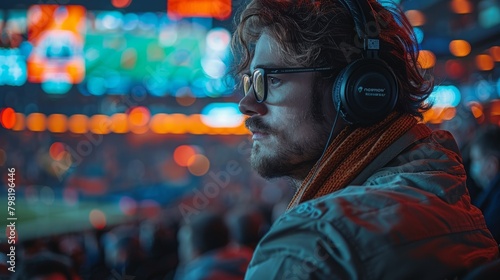 Man Wearing Headphones in Front of a Crowd. Generative AI