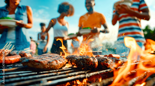 Group of people grilling hamburgers and hot dogs on grill. photo
