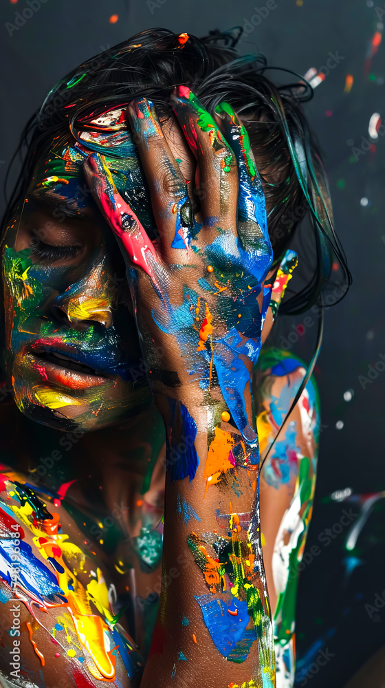 Woman's face covered in paint with her hands on her face.