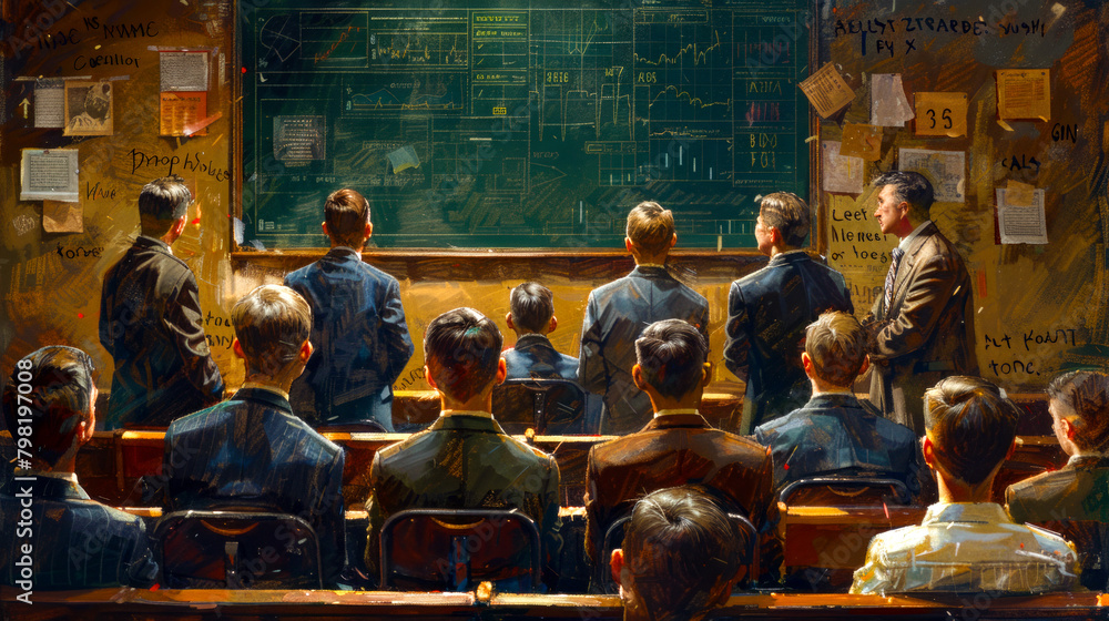 Group of people sitting in front of blackboard in classroom. Group of people sitting in front of blackboard in classroom.