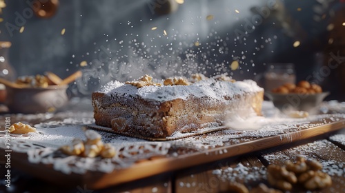 Sliced cake with walnuts and powdered sugar on a wooden table photo