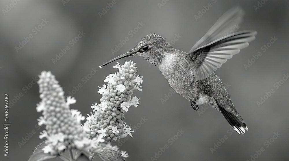 Obraz premium A B&W photo shows a hummingbird hovering over a flower with wings spread wide