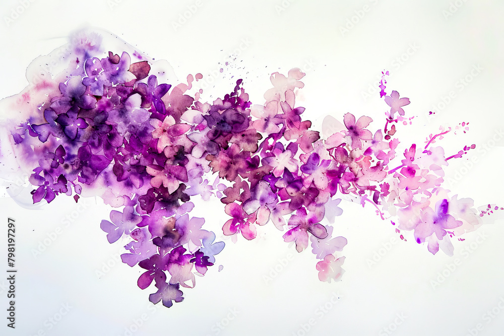 Bunch of purple flowers floating in the air on white background with blue sky in the background. Bunch of purple flowers floating in the air on white background with blue sky in the background.