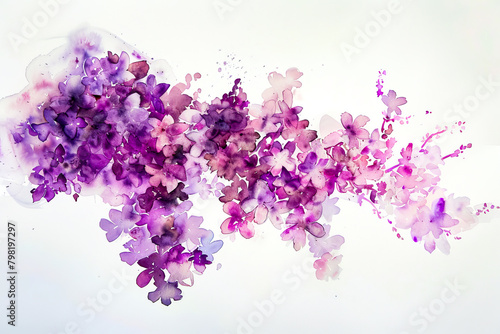 Bunch of purple flowers floating in the air on white background with blue sky in the background.