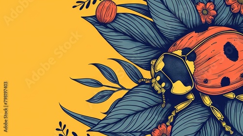  Illustration of a ladybug perched on a lush green plant with vibrant red and yellow blossoms