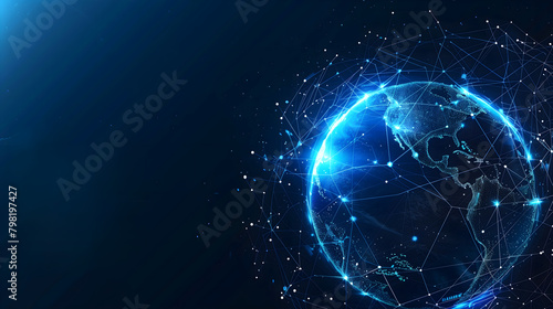 Abstract global network concept with planet earth and connecting lines in blue color on dark background