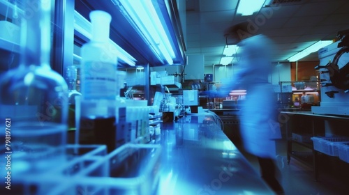 A defocused view of a forensic laboratory showcasing a variety of hightech tools and specialized equipment used in crime scene investigation. The scene is full of motion and energy .