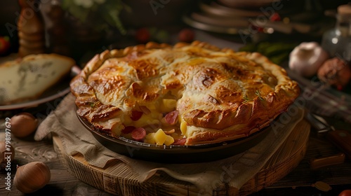 Potato pie with bacon and cheese on a rustic background.