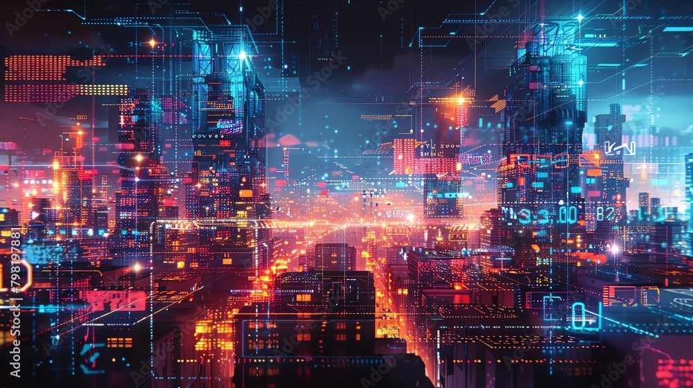 Illustrate a panoramic digital landscape where colorful pixels ...