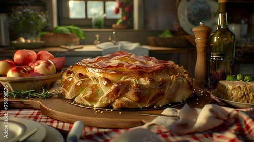 Apple pie with ham on a wooden table in a rustic kitchen