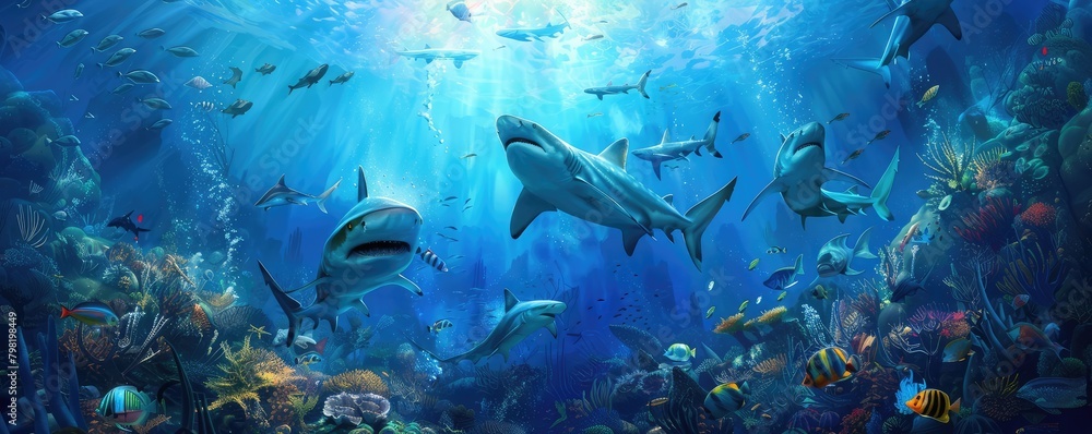 Fototapeta premium An underwater odyssey with multiple sharks and fish swimming amongst rays of light in the deep blue ocean.