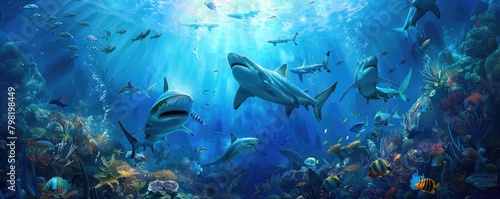 An underwater odyssey with multiple sharks and fish swimming amongst rays of light in the deep blue ocean. © Alena