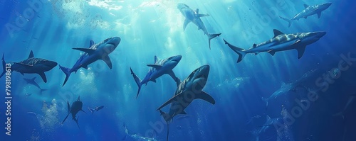 An underwater odyssey with multiple sharks and fish swimming amongst rays of light in the deep blue ocean. photo