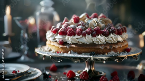 Raspberry tart with whipped cream and fresh raspberries on a wooden table