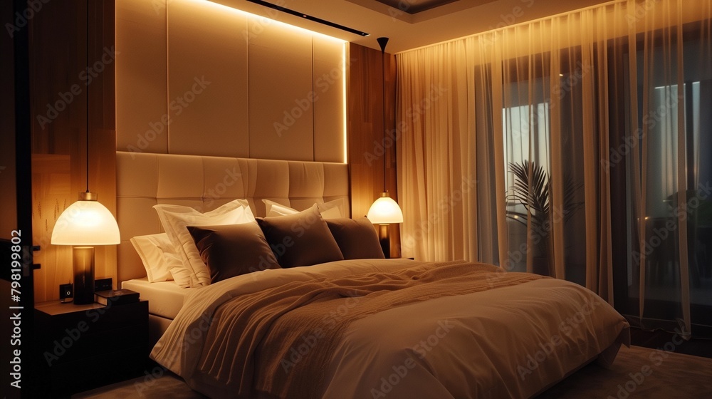 Cozy bedroom with soft lighting and warm tones Cozy bedroom with soft lighting and warm tones