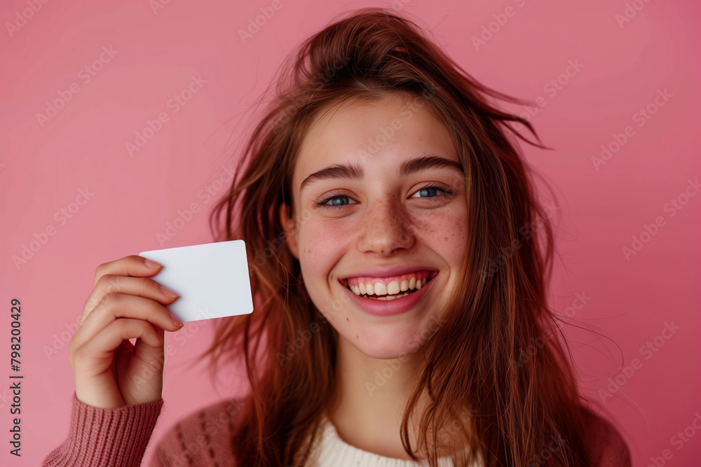 Young girl holding blank white card, smiling, pink background Young girl holding blank white card, smiling, pink background