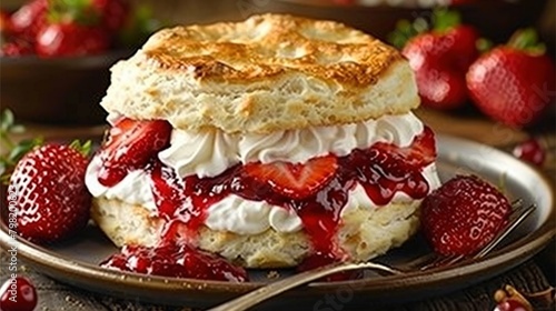   Close-up of a plate with strawberry shortcakes and strawberries on a table