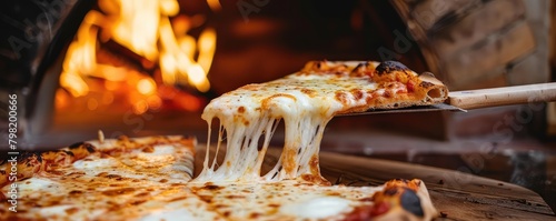 pizza with gooey cheese being served with a wood-fired oven in the background. photo