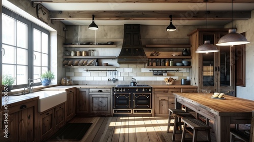 Farmhouse kitchen with rustic wooden accents and farmhouse sink