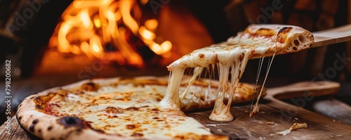 pizza with gooey cheese being served with a wood-fired oven in the background.