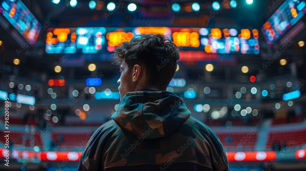 Man Standing in Front of Illuminated Stadium. Generative AI