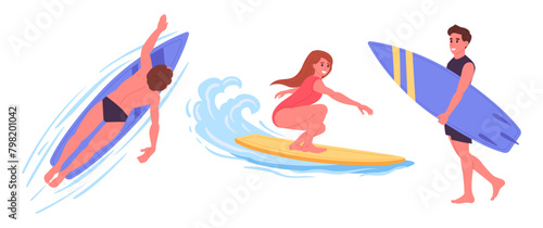 People surfing. Extreme water sport, wakeboarding and surfing, sports people doing summer water activity flat vector illustrations set. Cartoon extreme water sports scene