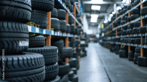 Stacks of automobile tires in the factory storage zone photo