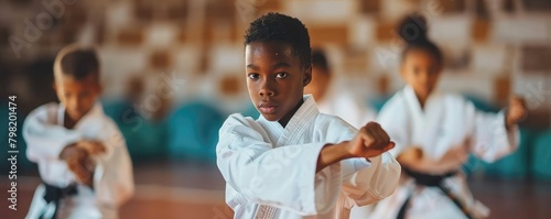 A group of young children, faces obscured, are in a dojo setting performing a kata in their karate uniforms. photo