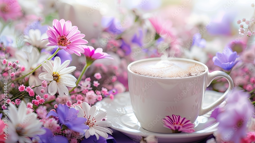 Embrace the Mother s Day vibe with a delightful morning scene of a white cup filled with steaming coffee or frothy cappuccino set against a backdrop of dainty pink purple and lilac flowers Embrace the Mother s Day vibe with a delightful morning scene of a white cup filled with steaming coffee or frothy cappuccino set against a backdrop of dainty pink purple and lilac flowers