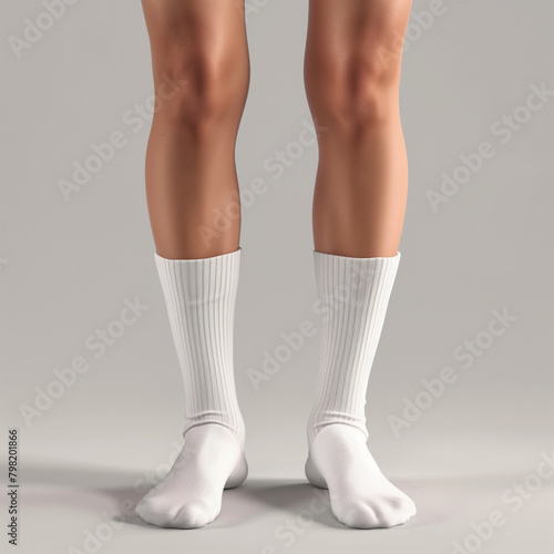 Mockup of tube socks, white knee highs on the model