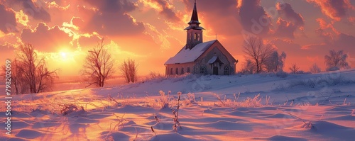 church amidst a snow-covered landscape bathed in the warm glow of a setting sun.
