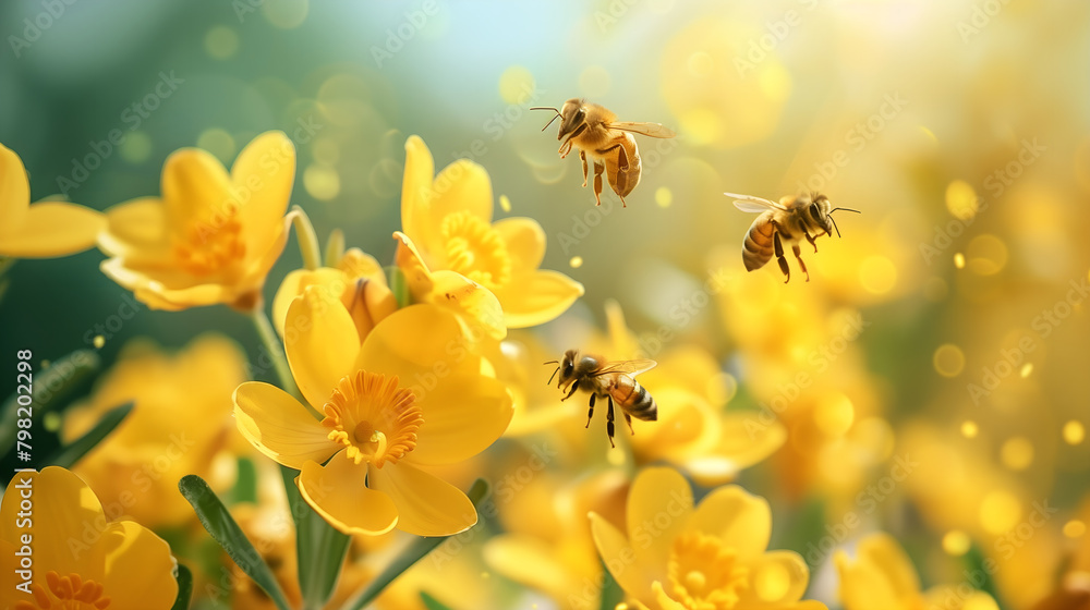 bees flying around Beautiful yellow flowers