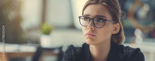 A worried young woman with glasses. photo
